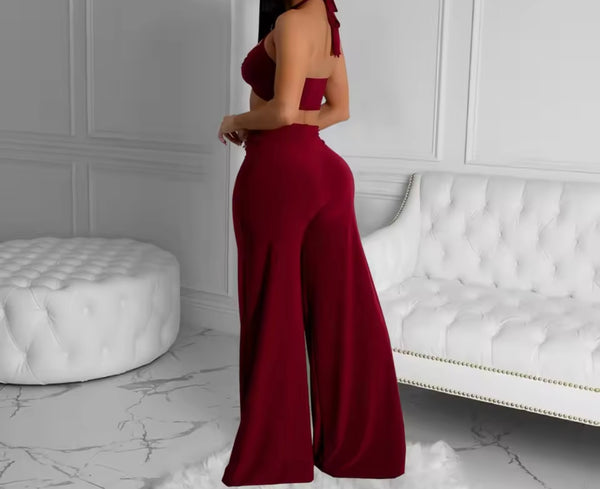 Women Sexy Halter Sleeveless Metal Cut Out Two Piece Pant Set