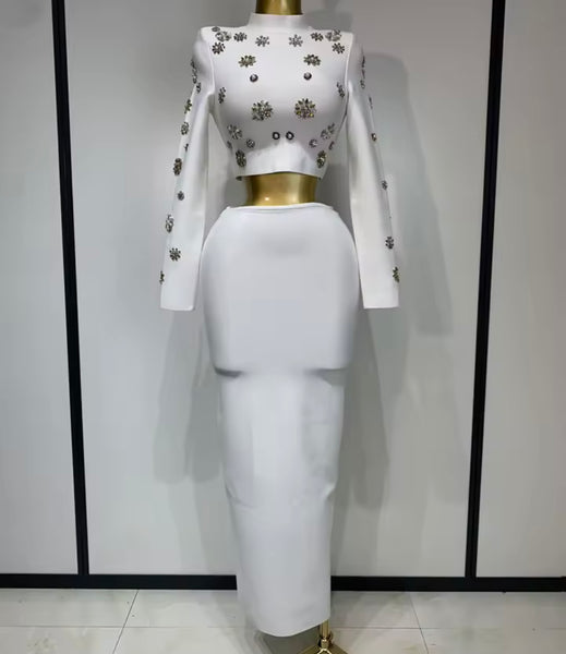 Women Sexy White Rhinestone Full Sleeve Two Piece Maxi Skirt Set