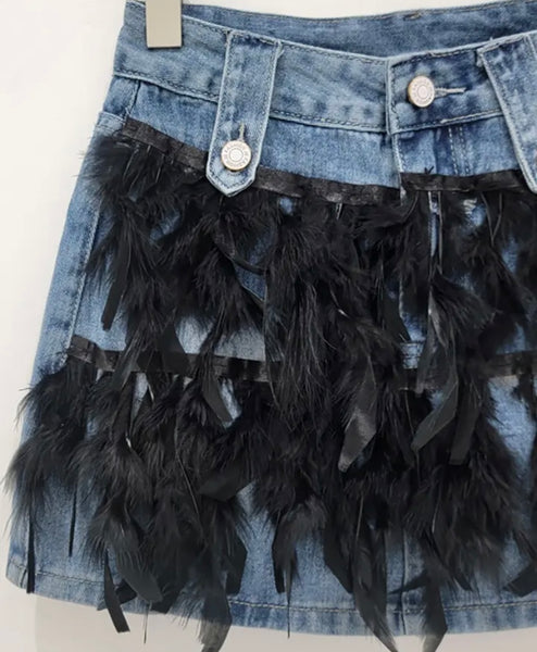 Women Fashion Feather Patchwork Denim Skirt