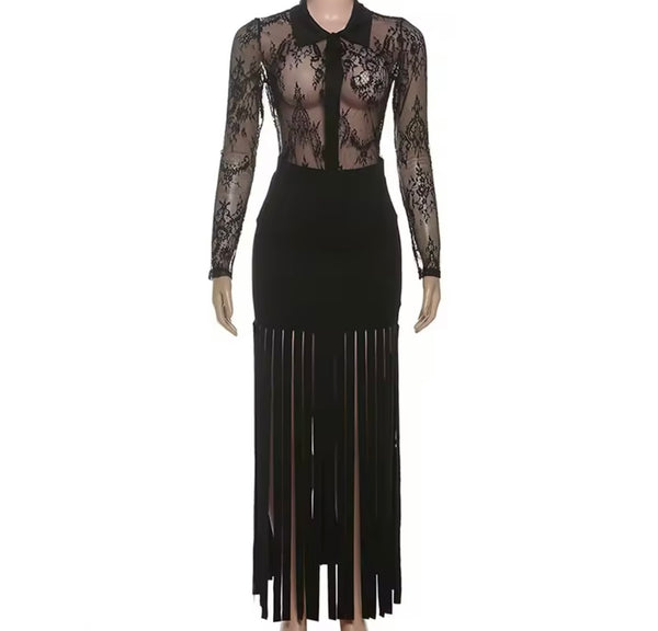 Women Sexy Black Full Sleeve Lace Patchwork Fringe Tassel Dress
