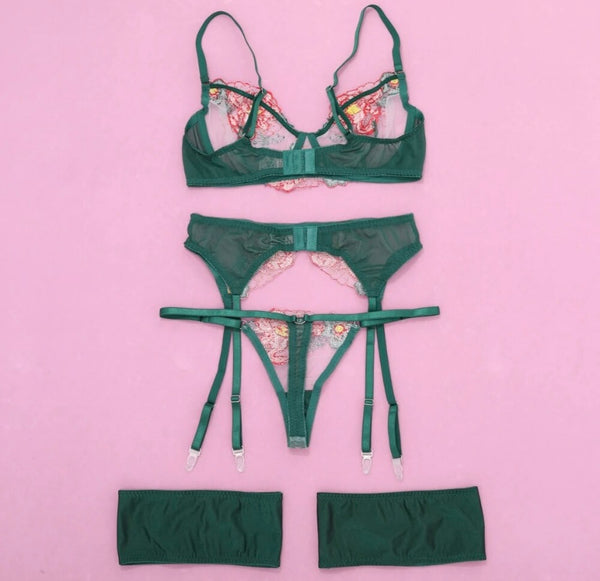 Women Sexy Green Floral G-String Lingerie Set