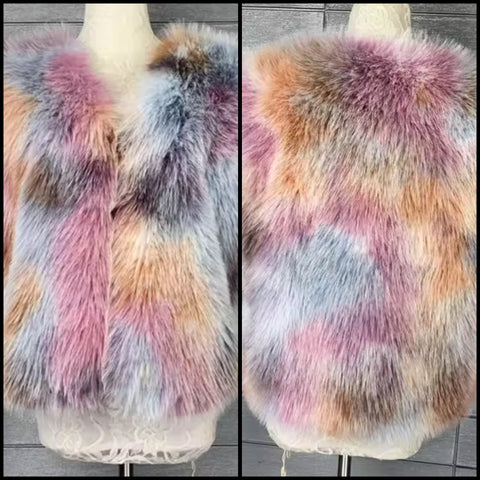 Women Multicolored Faux Fur Fashion Vest Jacket