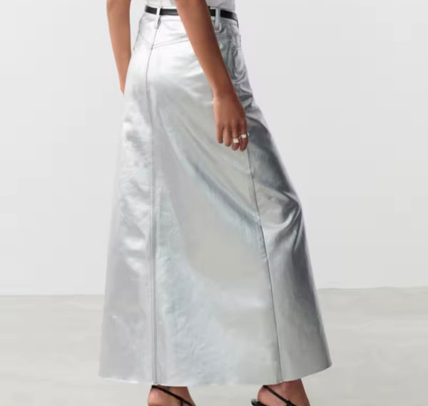 Women Silver Front Split Fashion Faux Leather Maxi Skirt