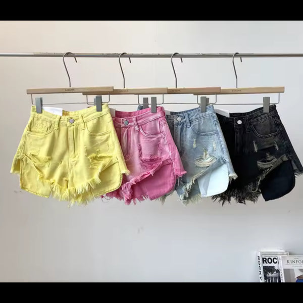 Women Sexy Fashion Color Ripped Denim Shorts