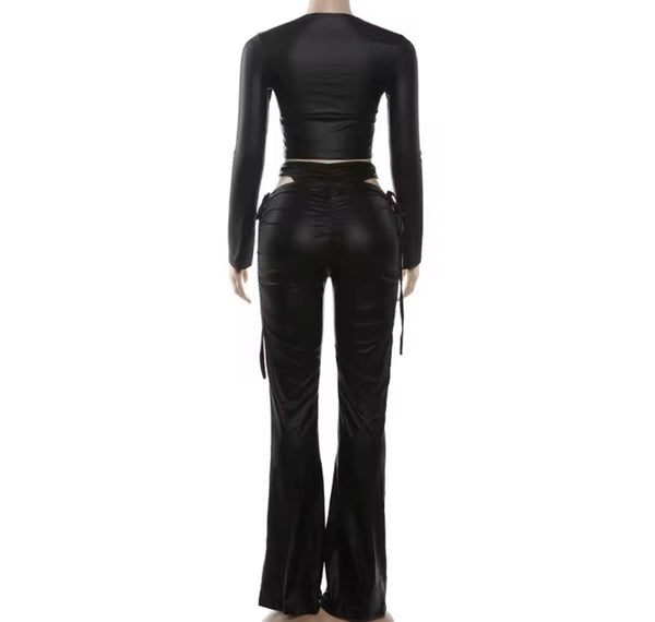 Women Black PU Ruched Cut Out Full Sleeve Two Piece Pant Set