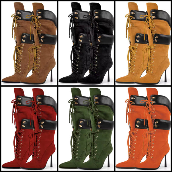 Women Color Suede Tie Up High Heel Knee Length Boots