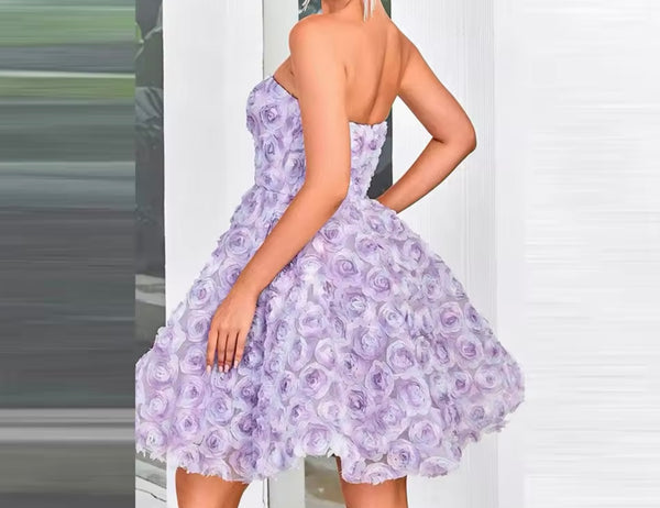 Women Sexy Strapless Purple Floral Dress