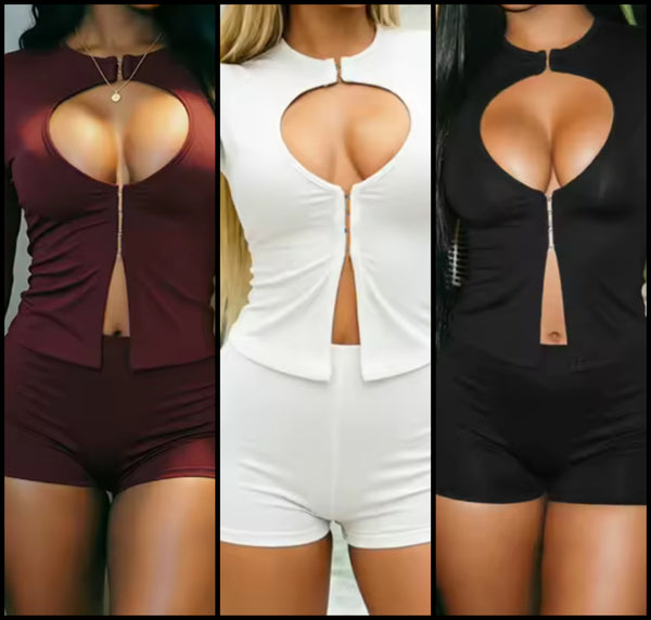 Women Cut Out Sexy Full Sleeve Two Piece Short Set
