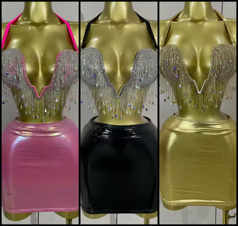 Women Rhinestone Tassel Halter Sleeveless Two Piece PU Skirt Set