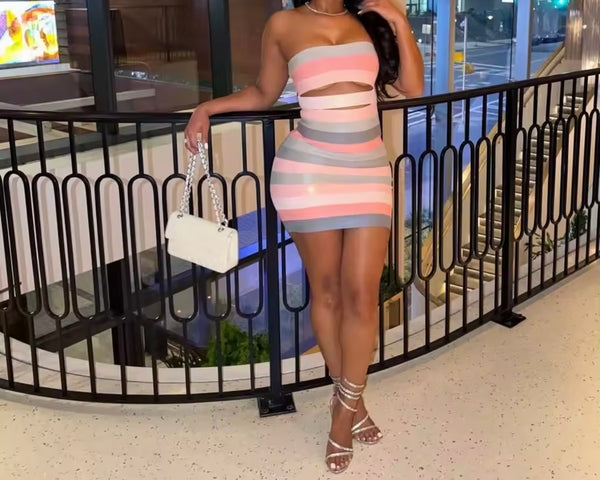 Women Sexy Striped Strapless Faux Leather Dress