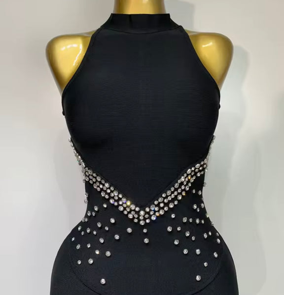 Women Sleeveless Rhinestone Patchwork Black Maxi Dress