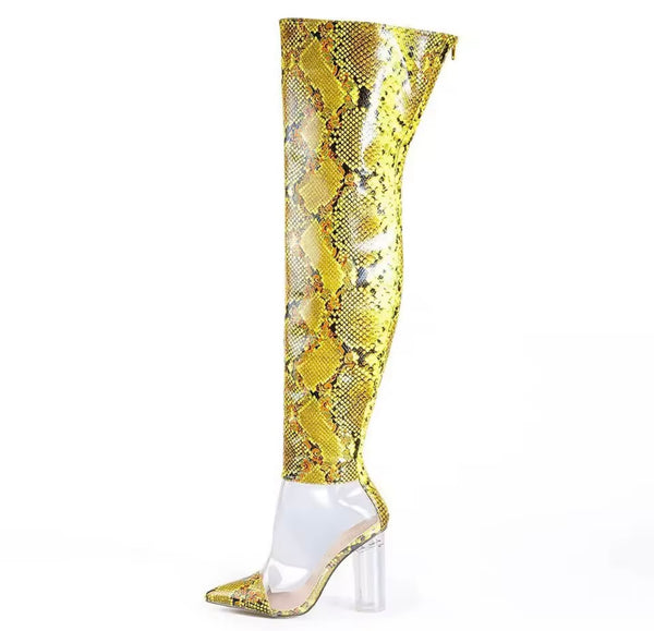 Women Fashion Yellow Animal Print Transparent Knee High Boots