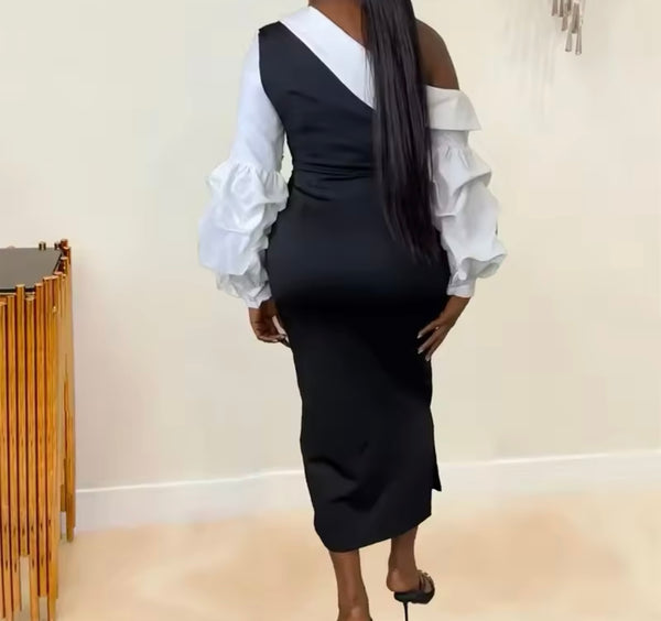 Women B&W Full Sleeve Sexy Maxi Dress