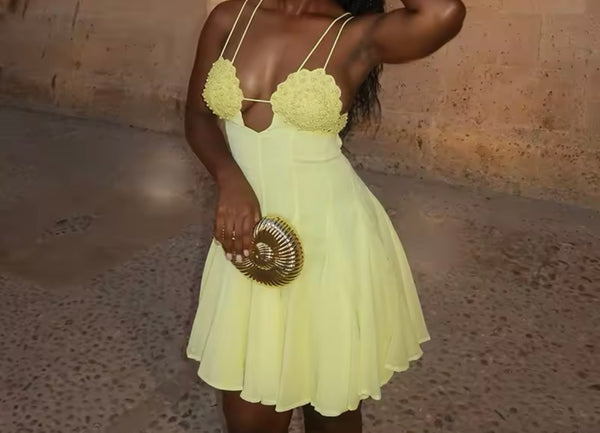 Women Sexy Yellow Sleeveless Ruffled Dress