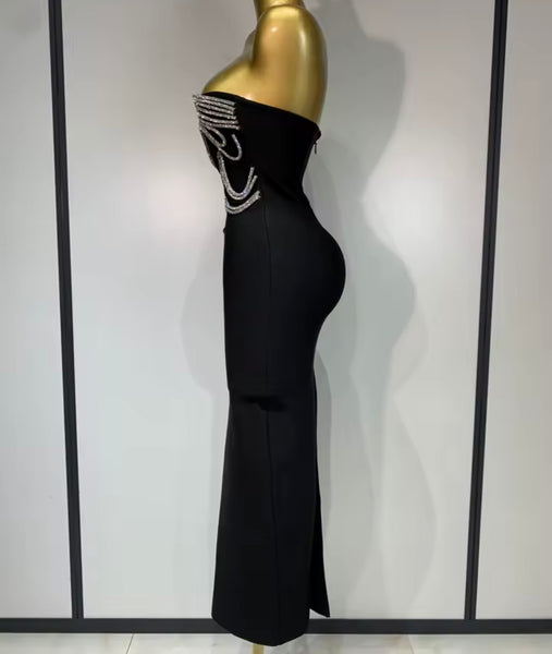 Women Black Sexy Strapless Rhinestone Maxi Dress