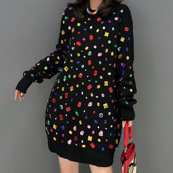Women Fashion Multicolored Gem Full Sleeve Shirt Dress