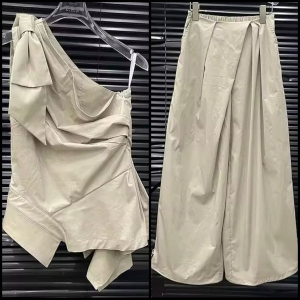 Women Tie Up One Shoulder Sleeveless Two Piece Wide Leg Pant Set