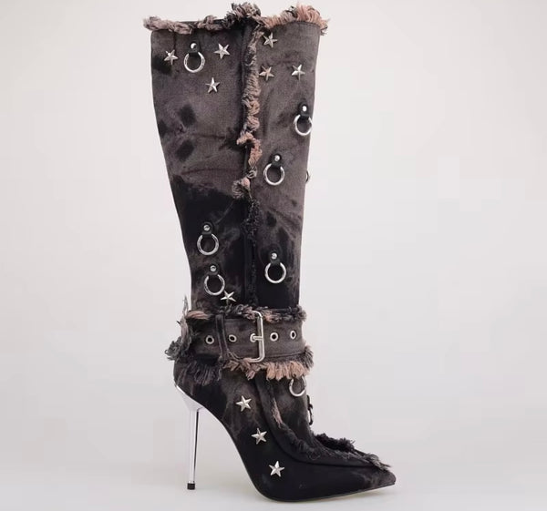 Women Fashion Rivet Fringe Buckle Denim Knee High Boots