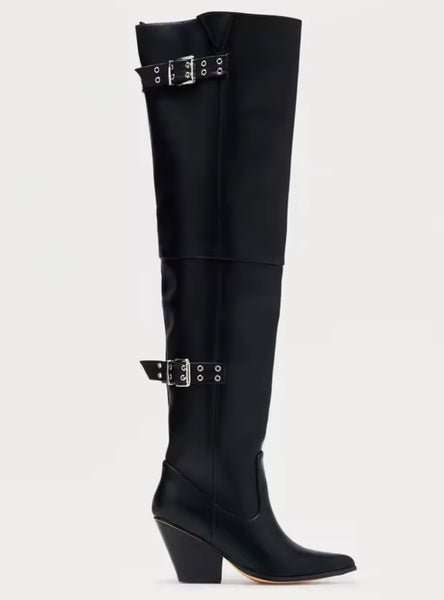 Women Black Buckled Fashion Over The Knee Western Boots