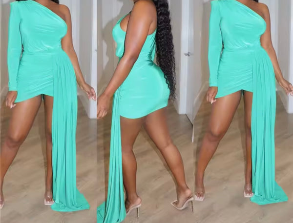 Women Color One Shoulder Full Sleeve Ruched Tassel Dress