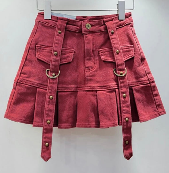 Women Fashion Buckled Pleated Denim Skirt