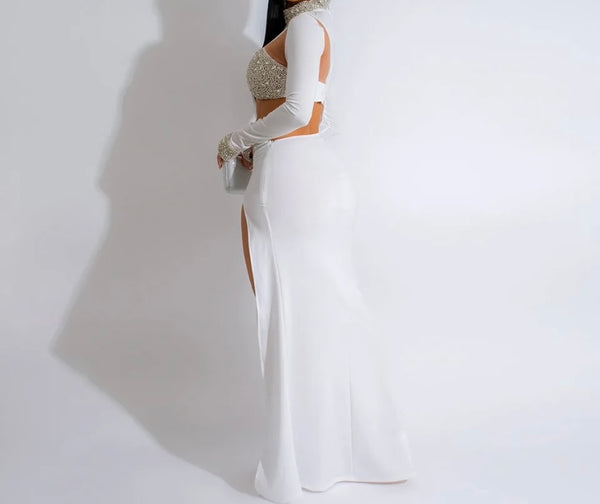 Women Sexy Bling Patchwork Full Sleeve Side Split Maxi Dress