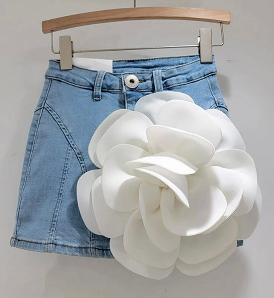 Women Sexy Fashion White Floral Denim Skirt