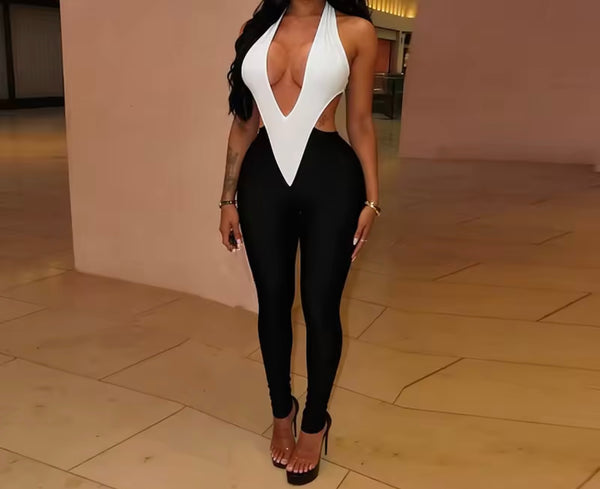 Women Halter Sleeveless Color Patchwork Jumpsuit