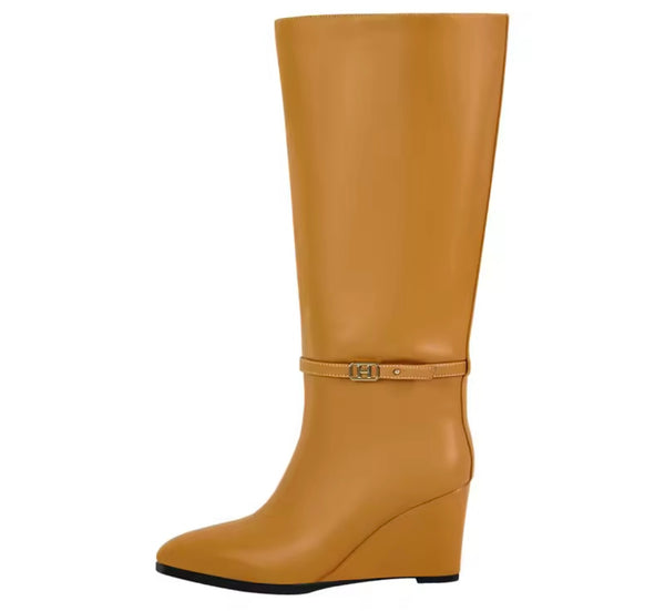 Women Fashion Color Faux Leather Buckle Wedge Knee High Boots