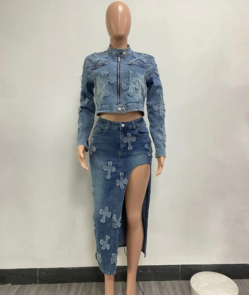 Women Fashion Printed Two Piece Denim Jacket Maxi Skirt Set