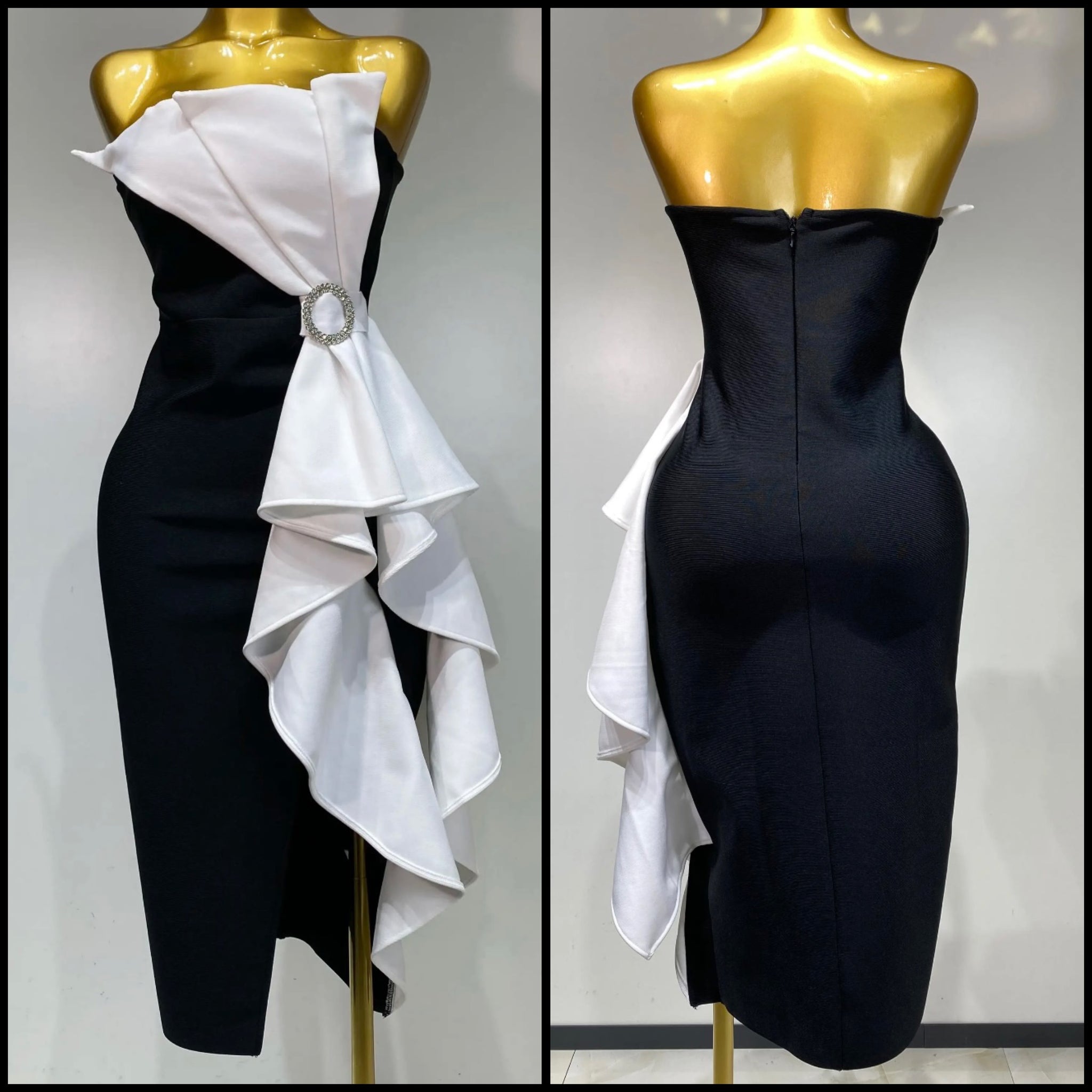 Women Sexy Strapless B&W Bling Ruffled Bandage Dress