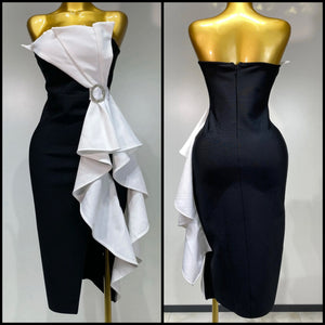 Women Sexy Strapless B&W Bling Ruffled Bandage Dress