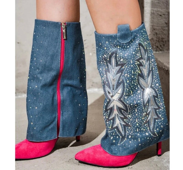 Women Fashion Color Patchwork High Heel Suede Denim Boots