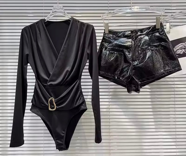 Women Black Full Sleeve Metal Bodysuit Two Piece PU Leather Short Set