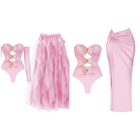 Women Sexy Butterfly Cut Out Pink Full/Sleeveless Swimsuit Cover Up Set