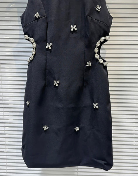 Women Sexy Sleeveless Black Bling Crystal Cut Out Dress