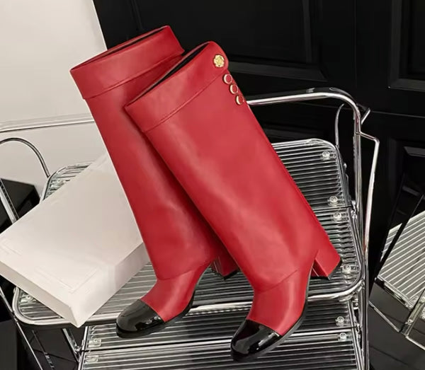 Women Fashion Faux Leather Gold Button Knee High Boots
