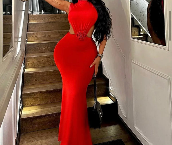 Women Sexy Sleeveless Cut Out 3D Rose Maxi Dress