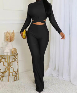 Women Fashion Solid Color Full Sleeve Tie Up Crop Two Piece Pant Set