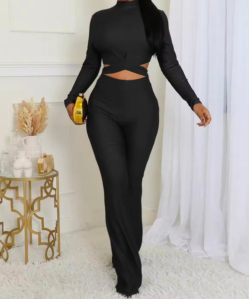 Women Fashion Solid Color Full Sleeve Tie Up Crop Two Piece Pant Set