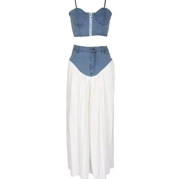 Women Zip Up Sleeveless Denim Mesh Patchwork Two Piece Pant Set