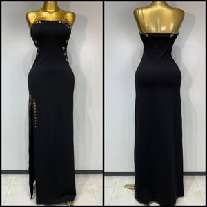 Women Black Chain Sleeveless Metal Ring Sexy Maxi Dress