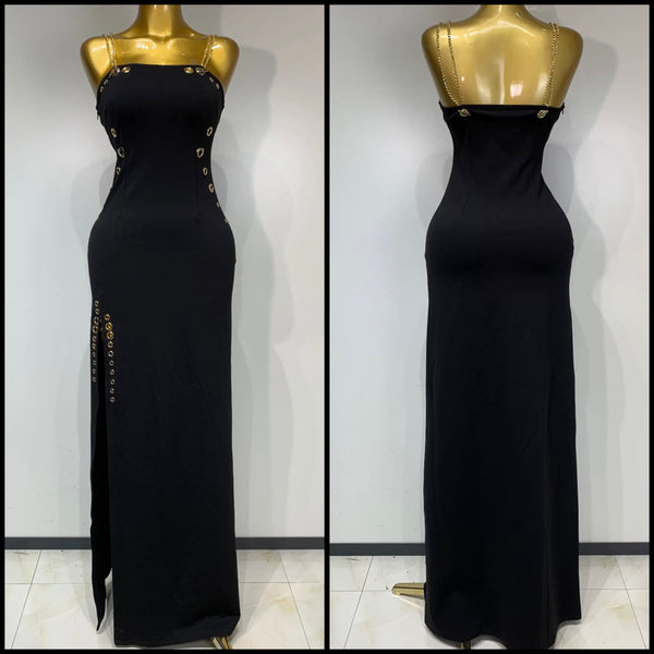 Women Black Chain Sleeveless Metal Ring Sexy Maxi Dress