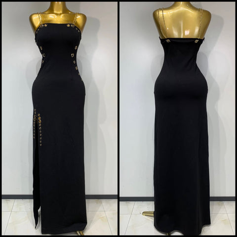 Women Black Chain Sleeveless Metal Ring Sexy Maxi Dress