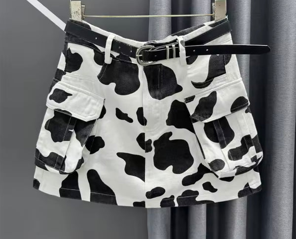Women Fashion B&W Animal Print Denim Skirt