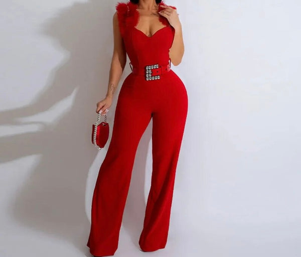 Women Sexy Ruffled Sleeveless Belted Jumpsuit