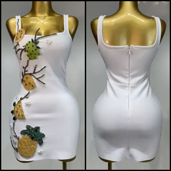 Women Sexy White Sleeveless Rhinestone Bandage Dress