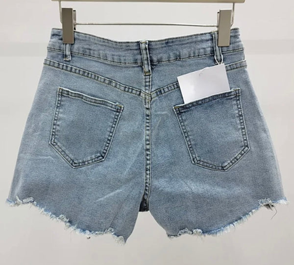 Women Fashion Bling Cut Out Heart Denim Shorts