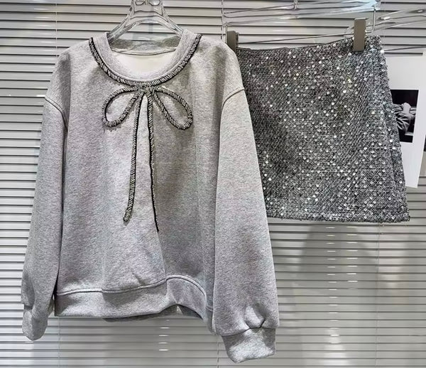 Women Fashion Bling Bow Full Sleeve Two Piece Sequins Skirt Set