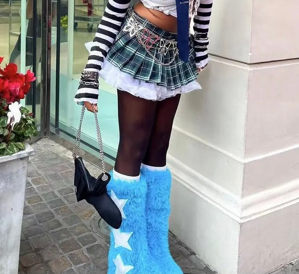 Women Fluffy Fashion Star Print Faux Fur Boots